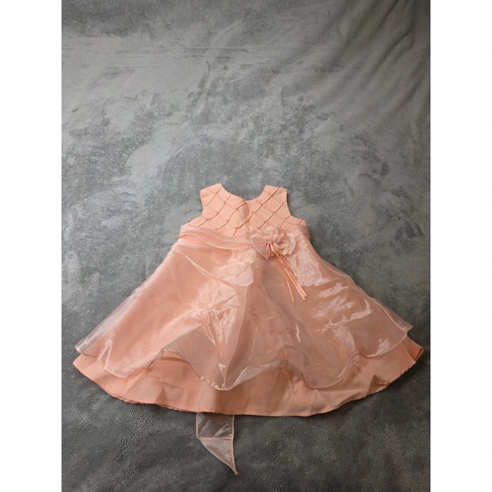 Bonnie Baby Peach Organza Pearl Bodice Flower‎ Party Dress Girls 18 Months